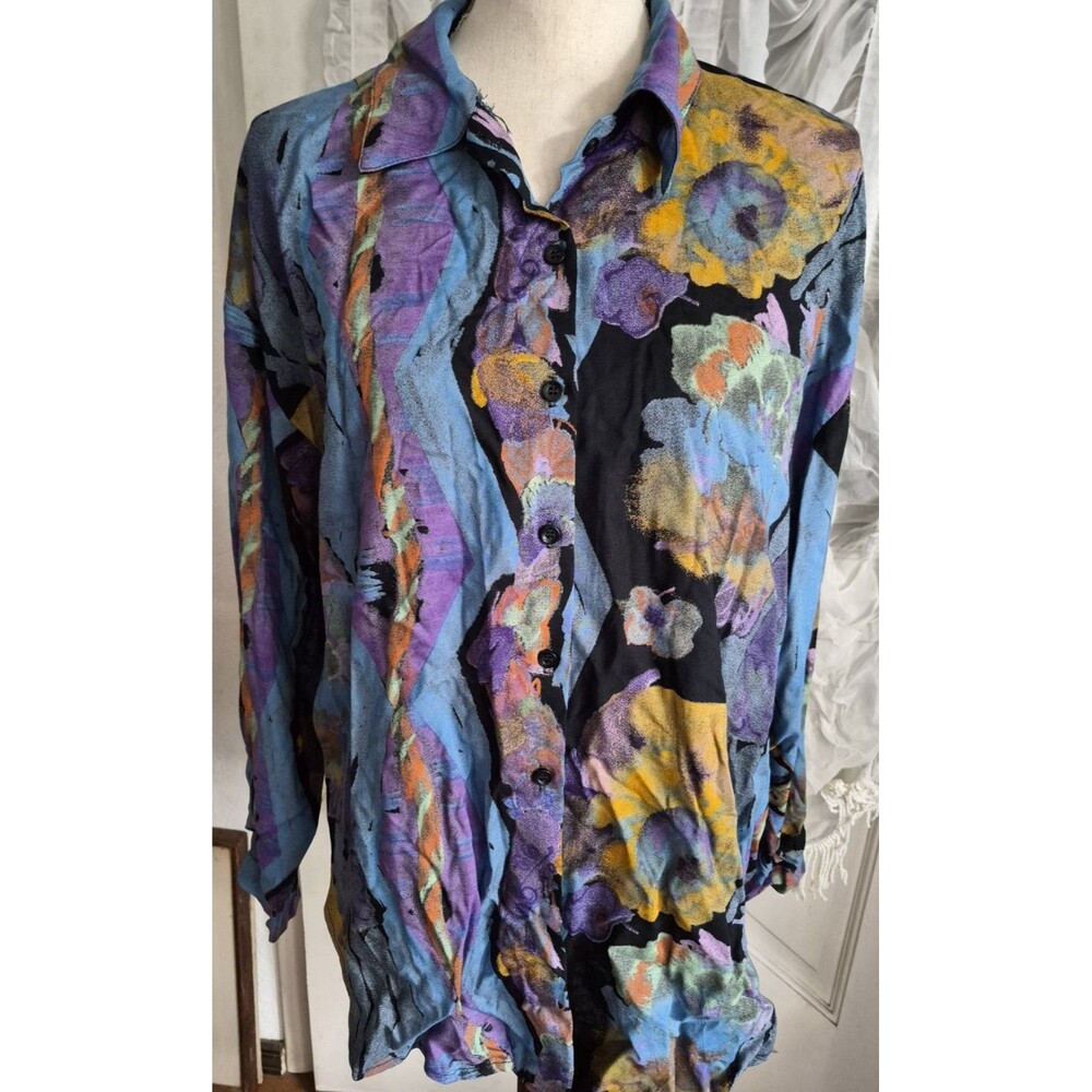 Vintage Jeri Marque Women Colorful Abstract Button Up Blouse Size 12